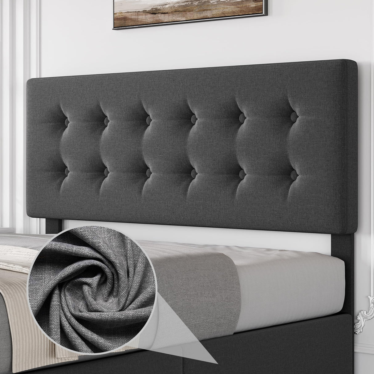 Idealhouse Upholstered Bed Frame with 4 Drawers & Adjustable Tufted Headboard