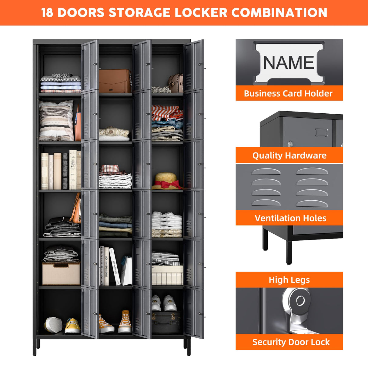Metal Locker for School Office Gym Bedroom, 18 Doors Steel Storage Lockers Cabinet