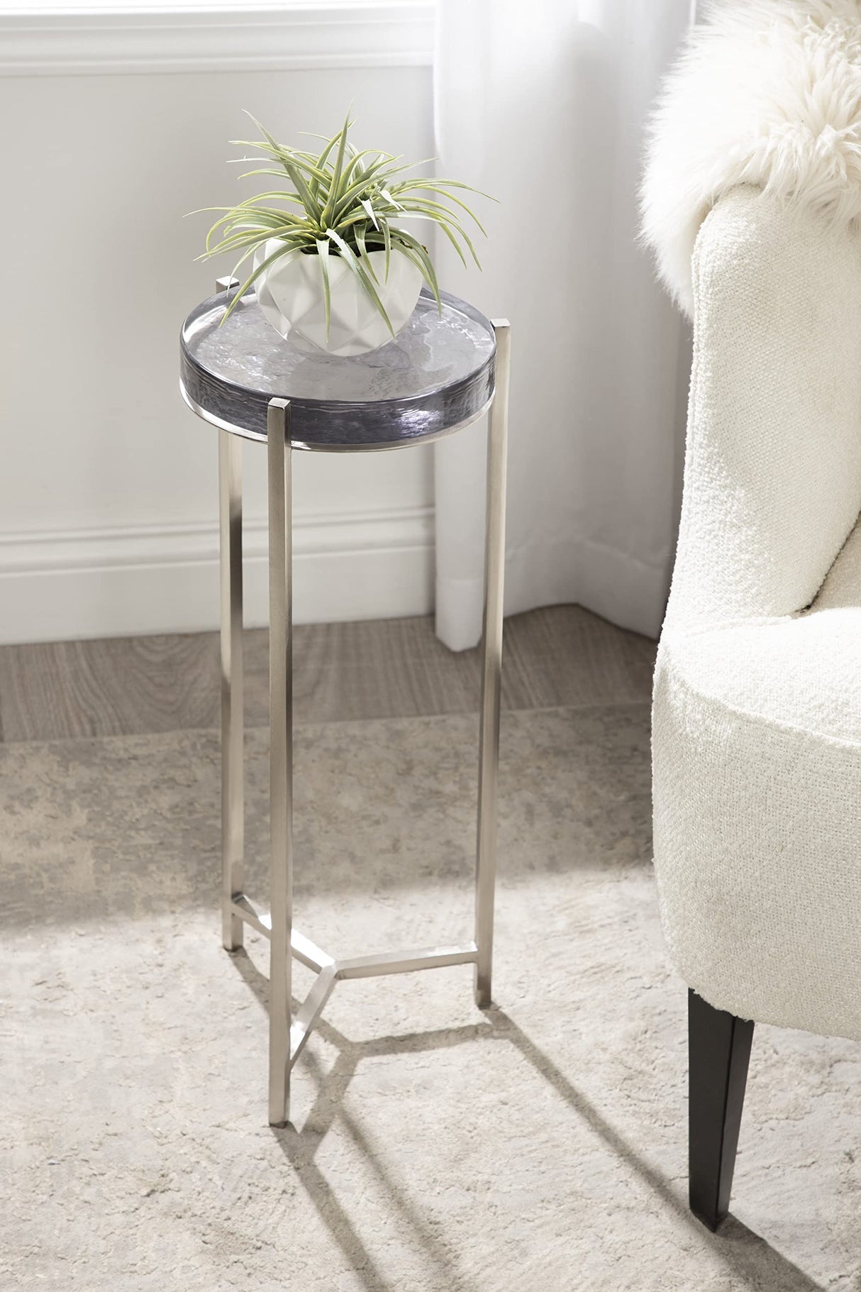 Aguilar Modern Drink Table, 9 x 9 x 23, Silver with Tinted Glass, Detailed Glass Accent Table
