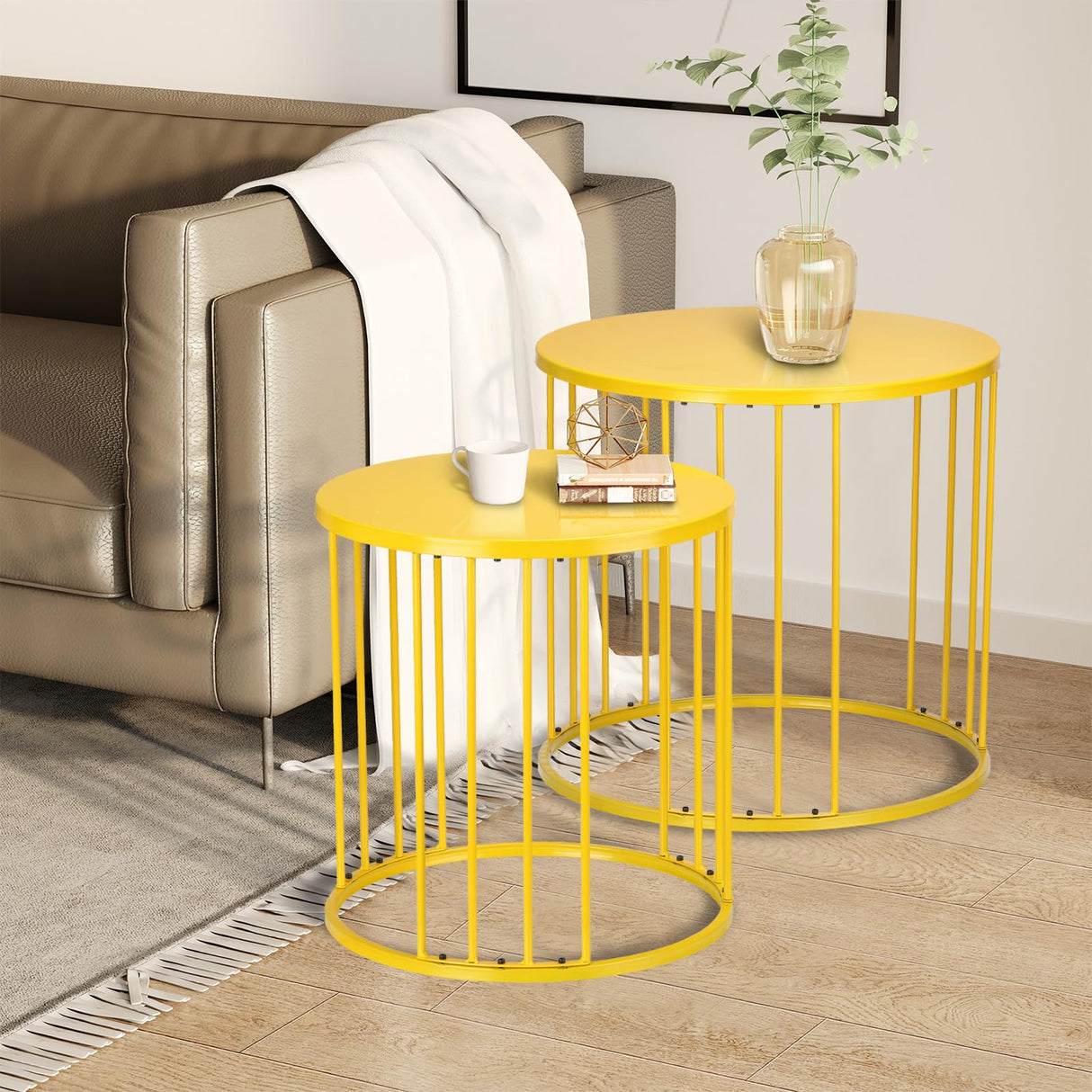 LEWIS&WAYNE Outdoor Side Table Set of 2, Metal Circle Accent End Tables for Balcony Backyard Garden Indoor Living Room, Durable Black Nesting Coffee Tables, 20”+16” Dia - Bircata