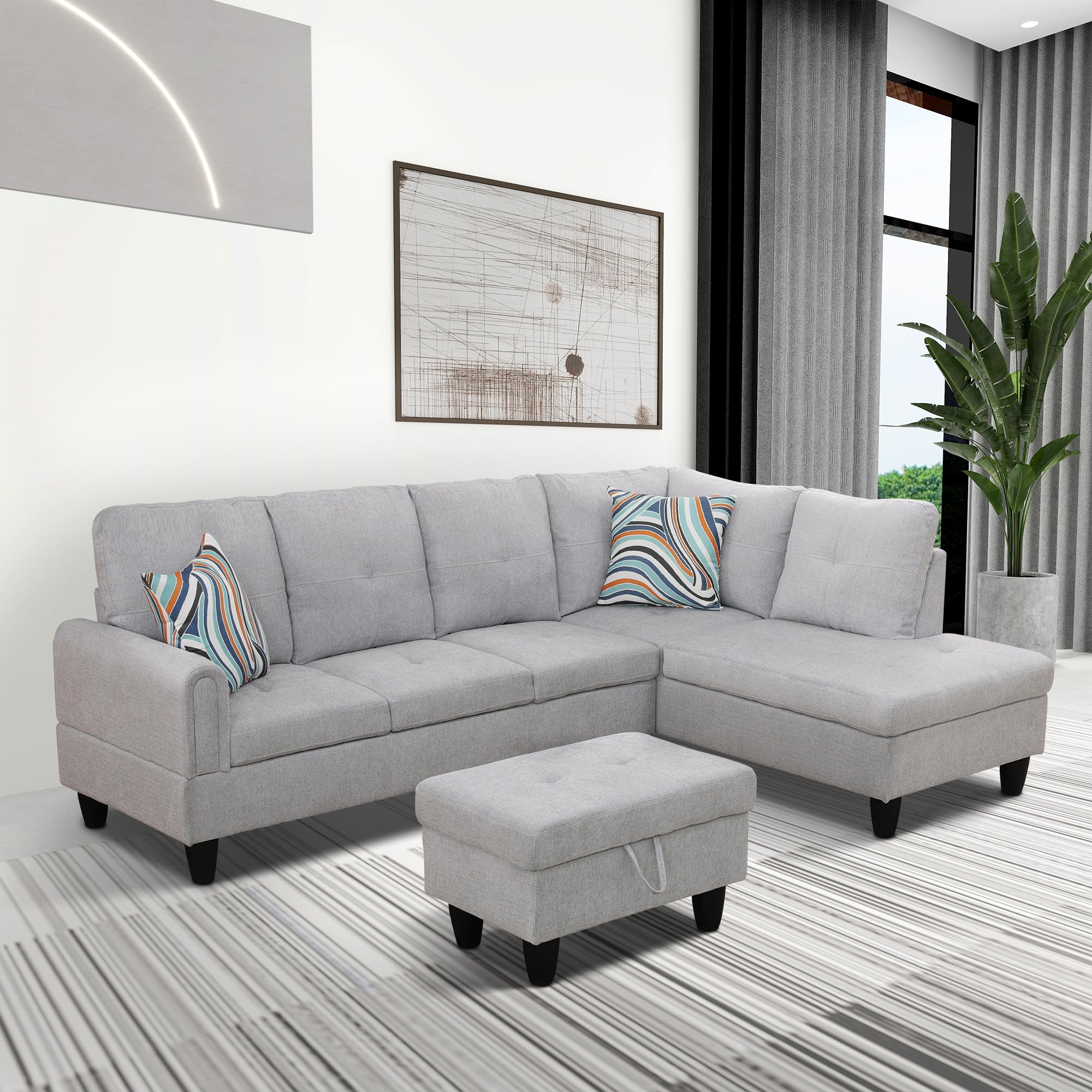 Luxurious Flannel 3-Piece Sectional Sofa Set, L-Shaped Modular Couch