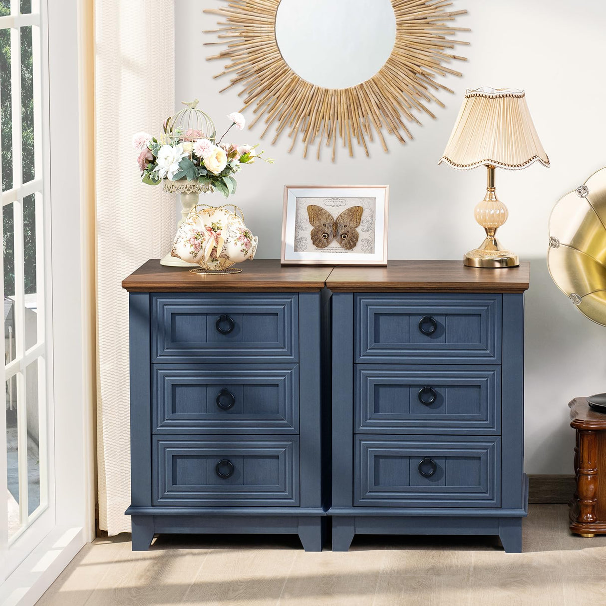 Nightstand Set of 2, Farmhouse 18 Inch End Table with 3 Drawer Metal Handle