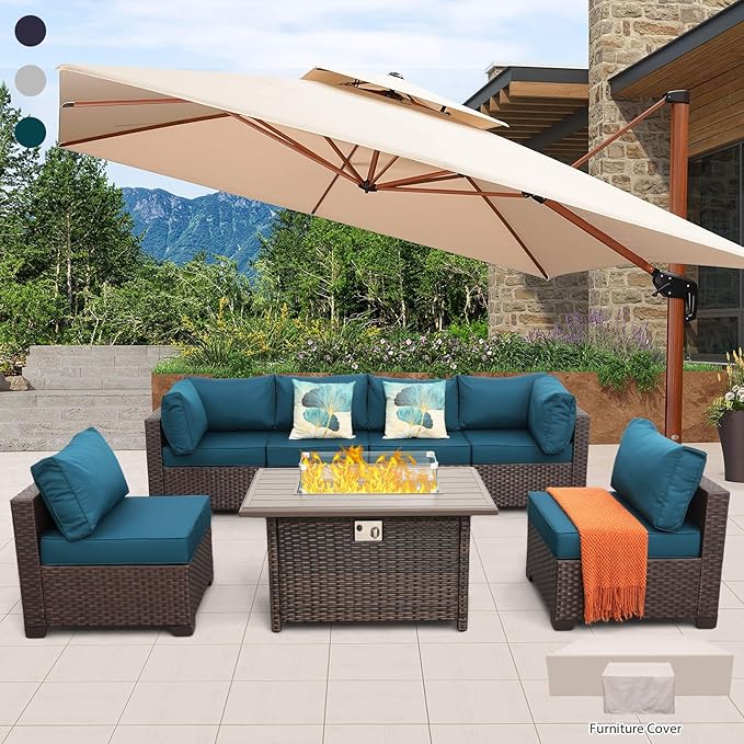 7 Pcs Outdoor Sectional Patio Couch 60000 BTU Wicker Propane Fire Pit Table Outdoor