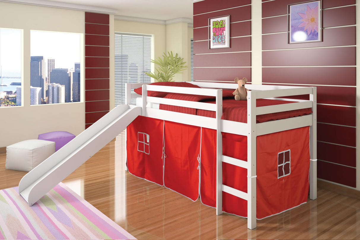 Tent Twin Low Loft Bed with Slide and Red Tent, White Finish