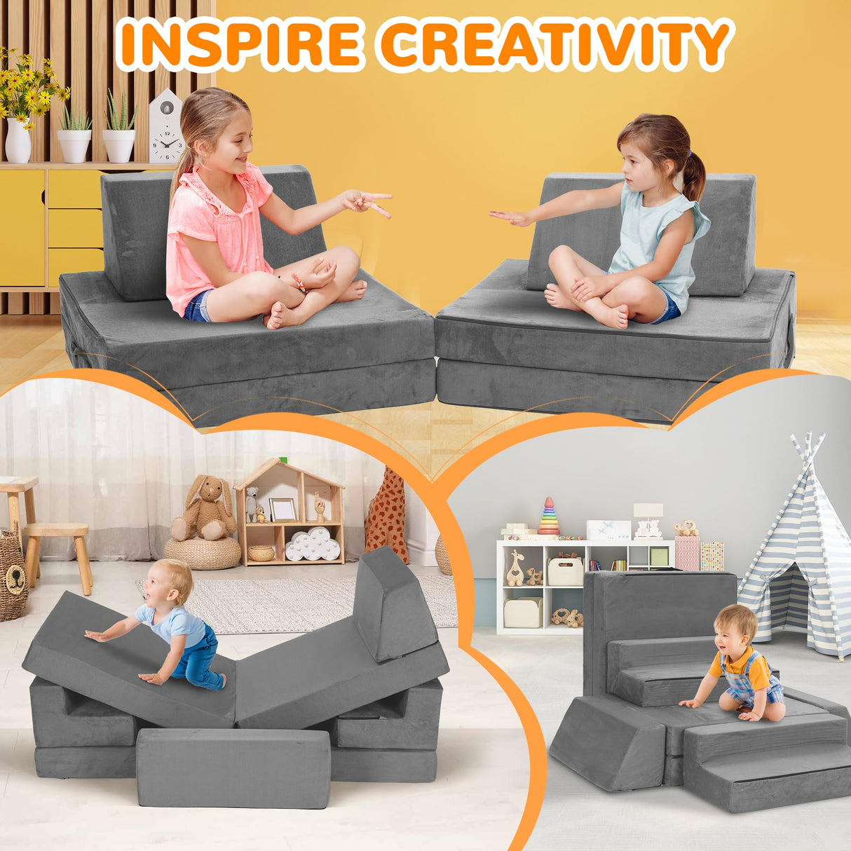 8 Pcs Modular Kids Play Couch, DIY Modular Toddler Couch for Playroom and Bedroom)