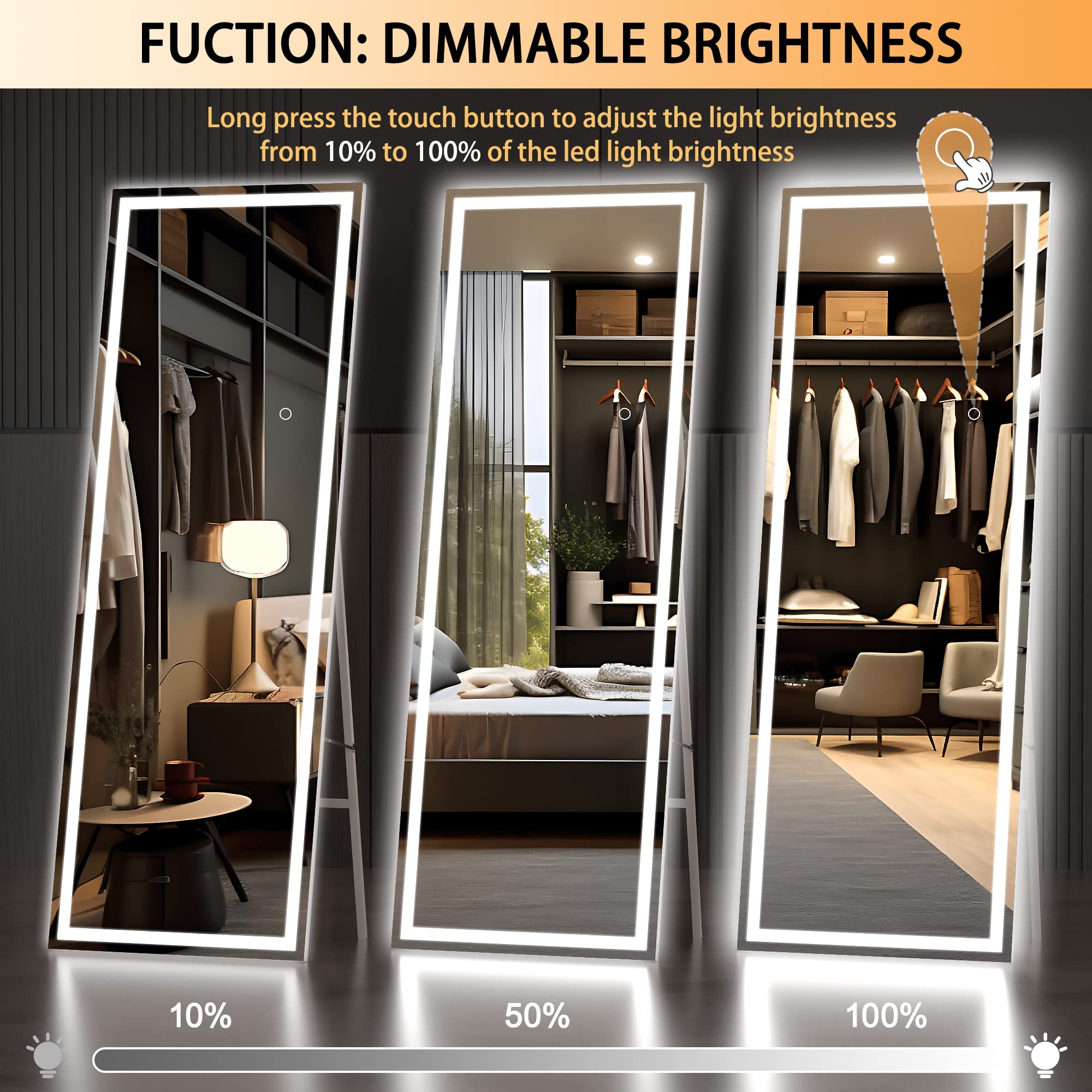 Full Length Mirror with Lights, 65" x 20" LED Floor Mirror, Full Body Dressing Standing