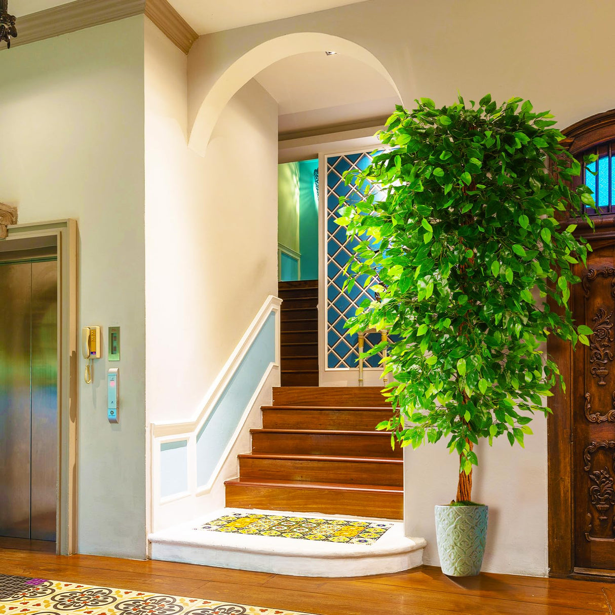 7ft Artificial Ficus Silk Tree (82in) with Plastic Nursery Pot Faux Tree,