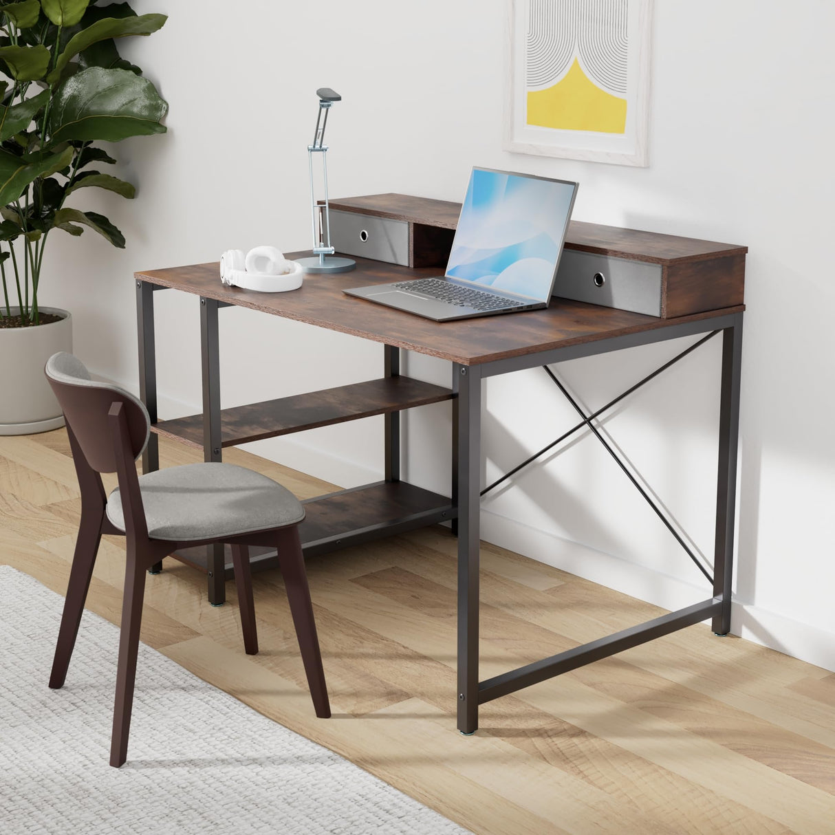 47”x 31.5” Computer Desk with Drawers, Monitor Stand, Storage Shelf, 3-Port Charging Station (Rustic Brown)