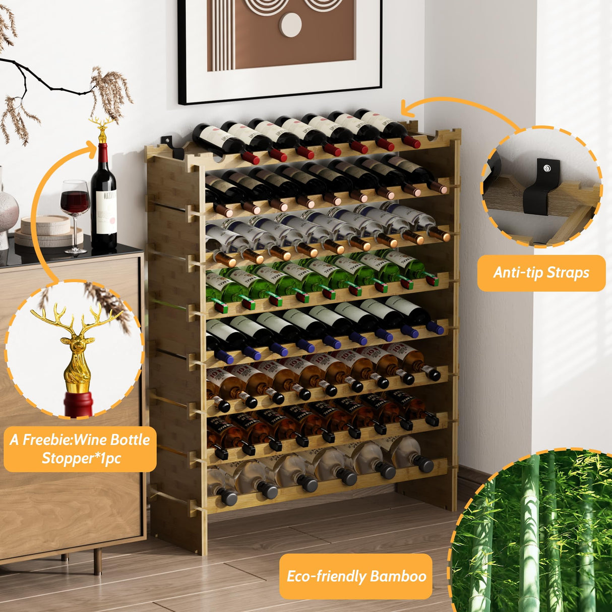 Wine Rack Freestanding Floor, Bamboo 8-Tier 69 Wine Bottle Holder Racks Countertop