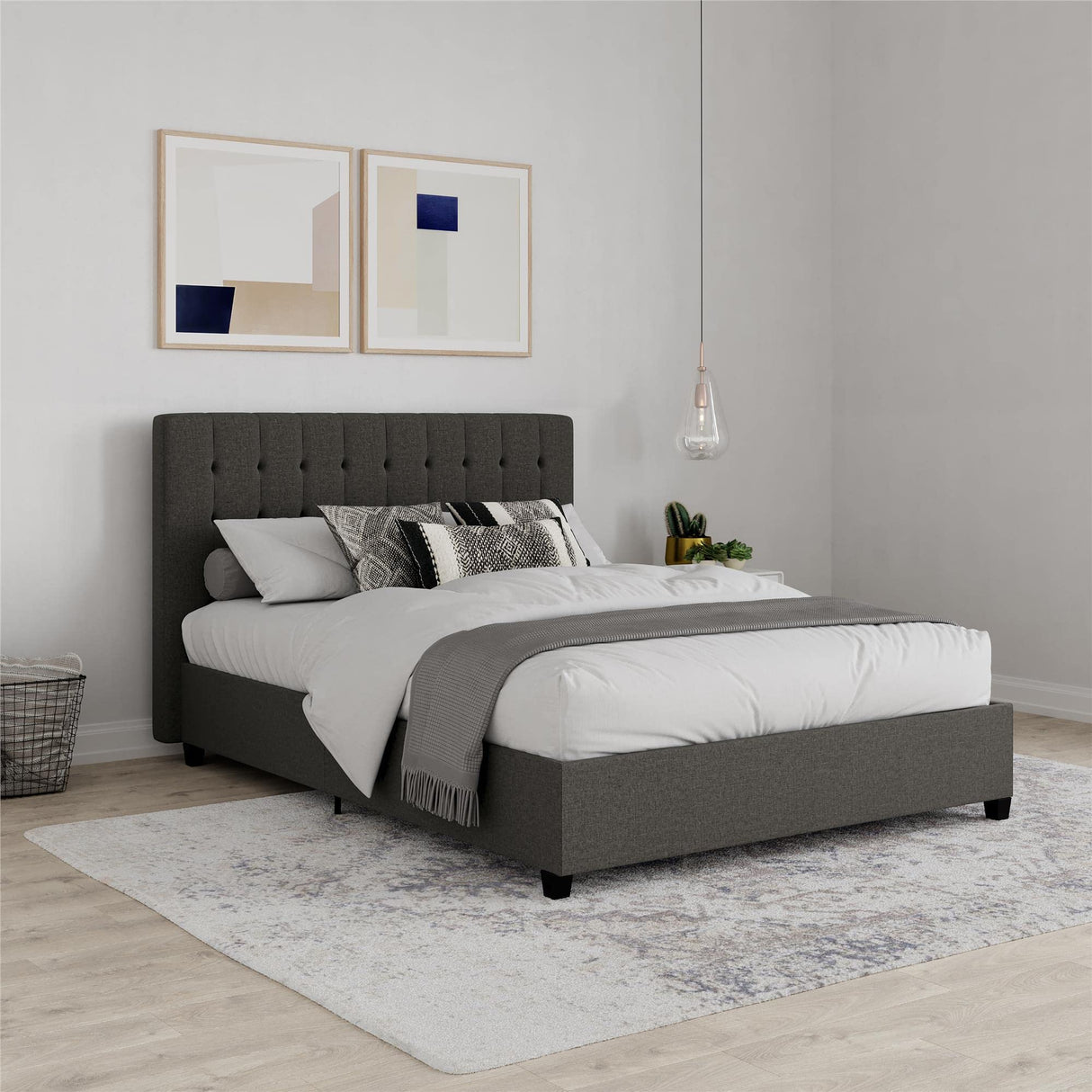 Emily Upholstered Platform Bed with Modern Vertical Tufted Headboard