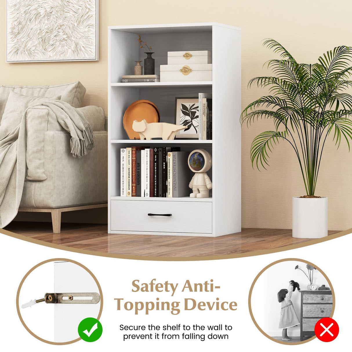 IFANNY 3 Shelf Bookcase with Drawer, Wood Bookshelves and Bookcases, Cube Bookcase Shelf, Small Bookshelf with Storage for Small Spaces, White Book Shelf for Bedroom, Living Room, Home Office