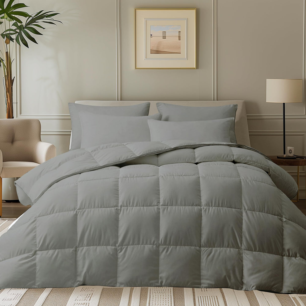 Grey Goose Feather Comforter Full/Queen Size, All Season Duvet Insert, Gusseted Design Ultra-Soft Noiseless Shell Medium