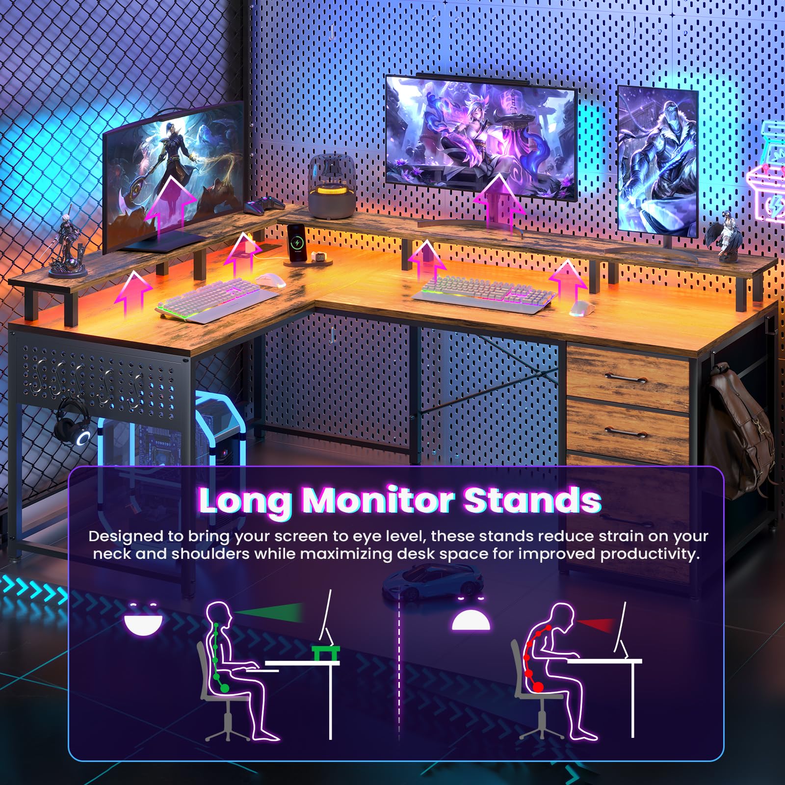 66.9" L Shaped Desk, Reversible Computer Desk with Monitor Stand and Pegboard,