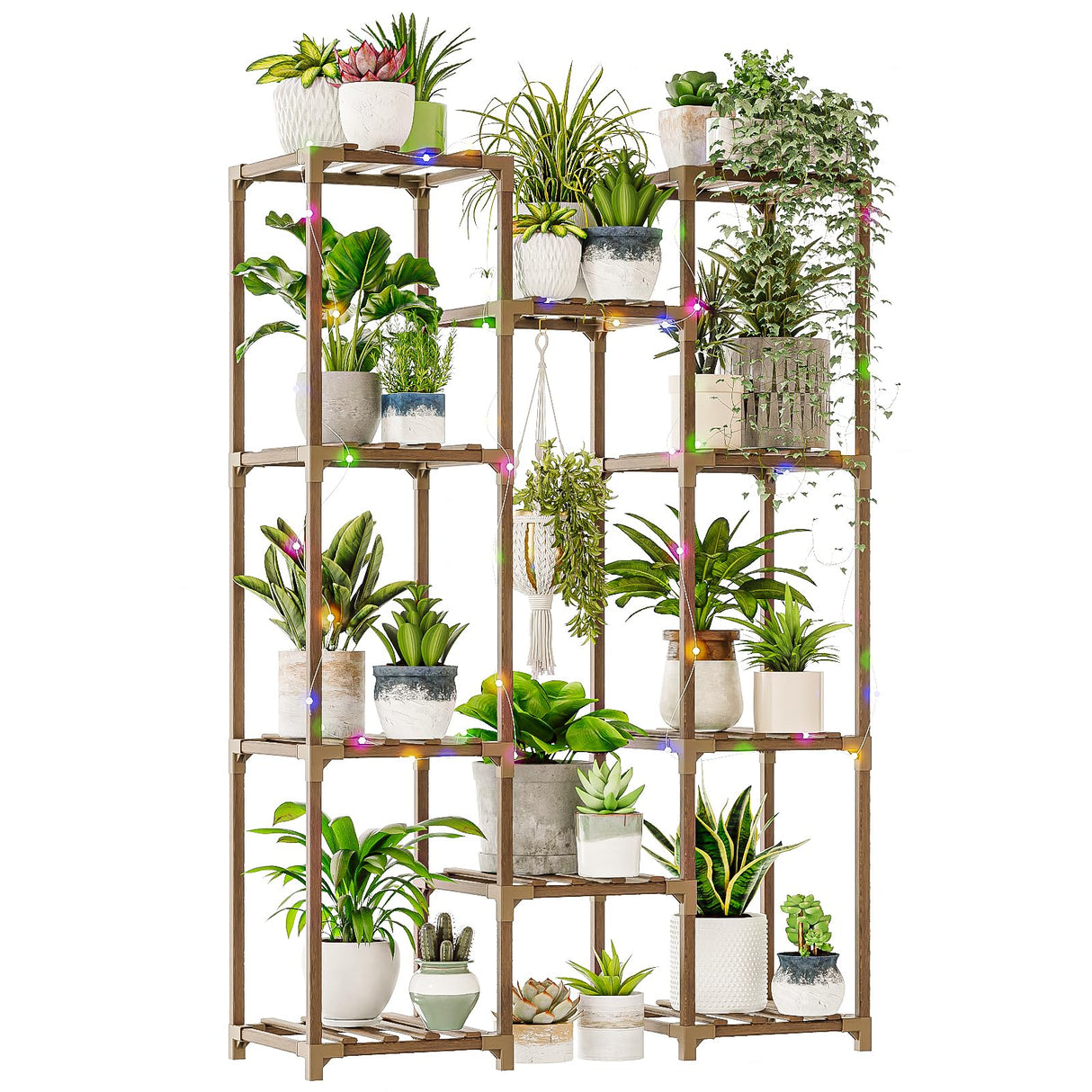 Bamworld Indoor Plant Stand with Fairy Lights – 10 Pot Wooden Shelf