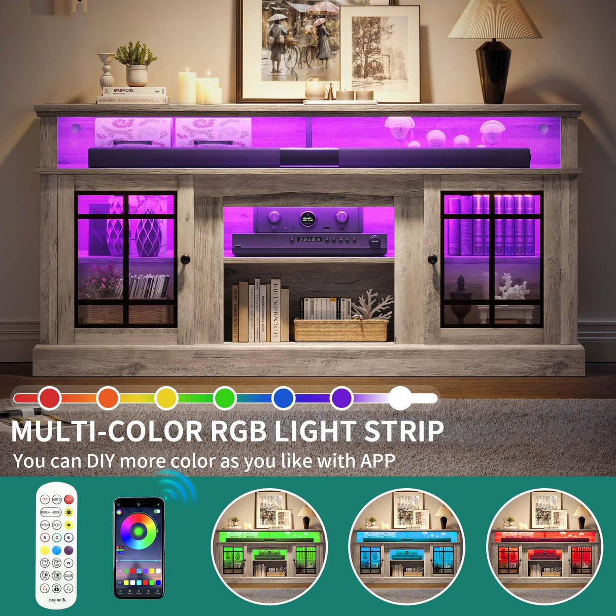 Modern TV Stand for 75 Inch TV with LED Lights, 32'' Tall Mid Century Modern TV Cabinet