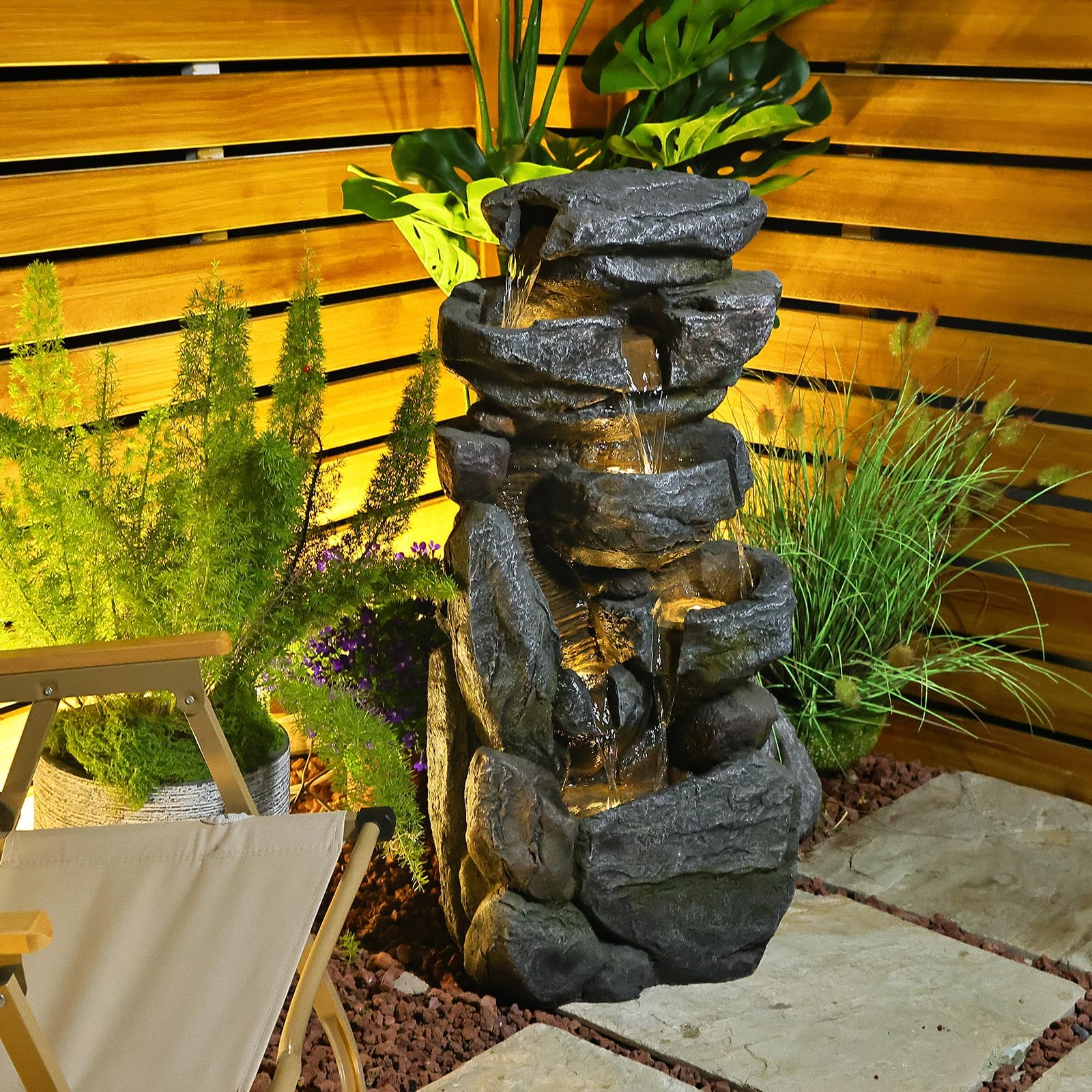 5-Tiered Rock Water Fountain Outdoor Garden - 31.5”Waterfall Fountain Outdoor Water