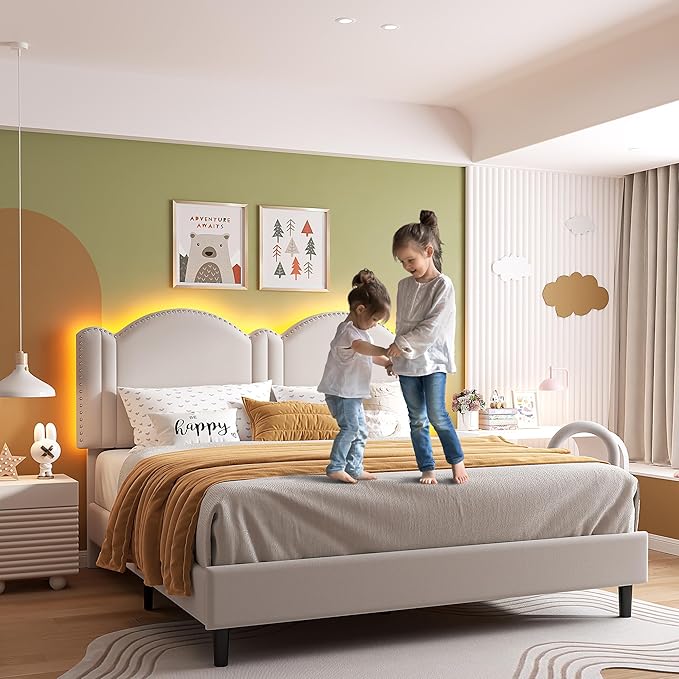 Full Upholstered Smart LED Bed Frame,Princess Platform Bed Frame