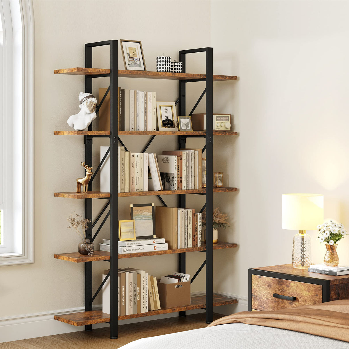 5 Tier Bookshelf, 70.9" Tall Industrial Bookcase, Wide Open Display Storage Book Shelf
