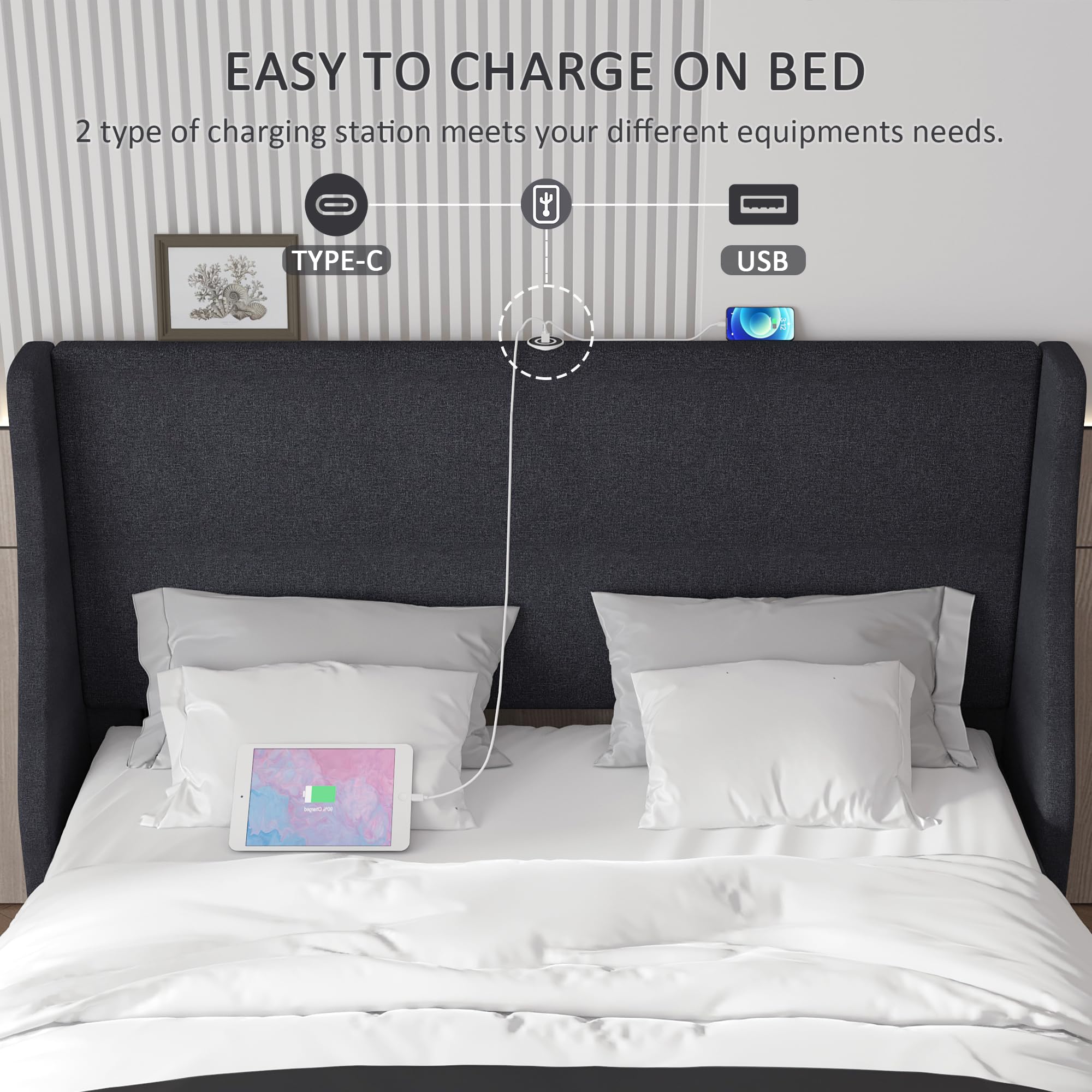 Queen Bed Frame with Type-C & USB Port, Wingback Headboard, Upholstered Platform