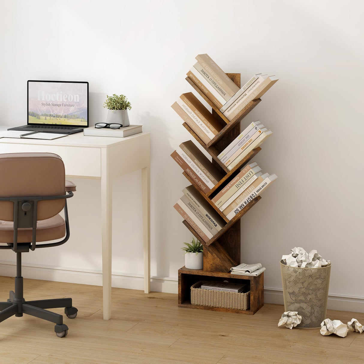 6 Tier Tree Bookshelf, Tall Bookcase with Drawer, Freestanding Book Shelf