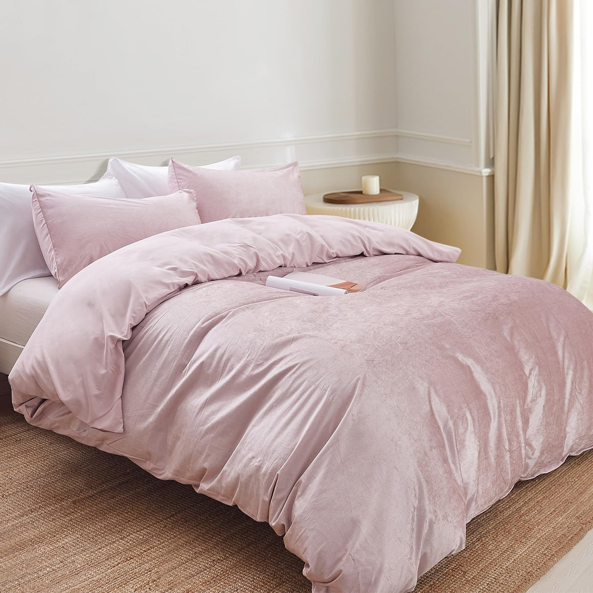 Dirty Pink Velvet Microfiber Duvet Cover Set Queen Size, 3 Piece Reversible Duvet