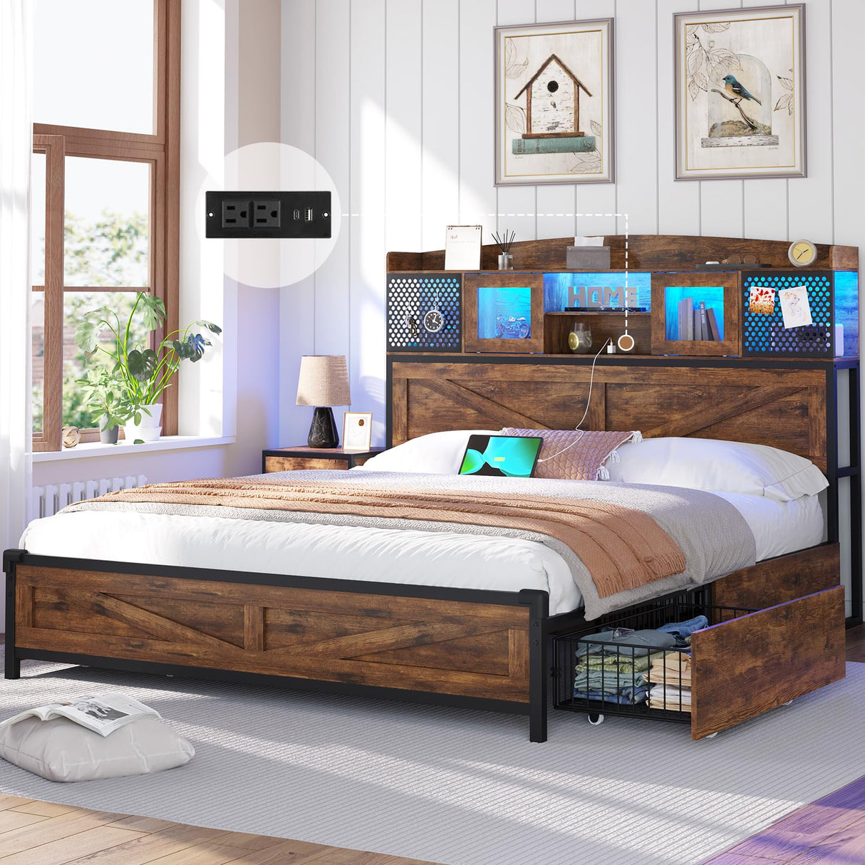 Farmhouse Full Size Metal Bed Frame with Storage Shelf Headboard