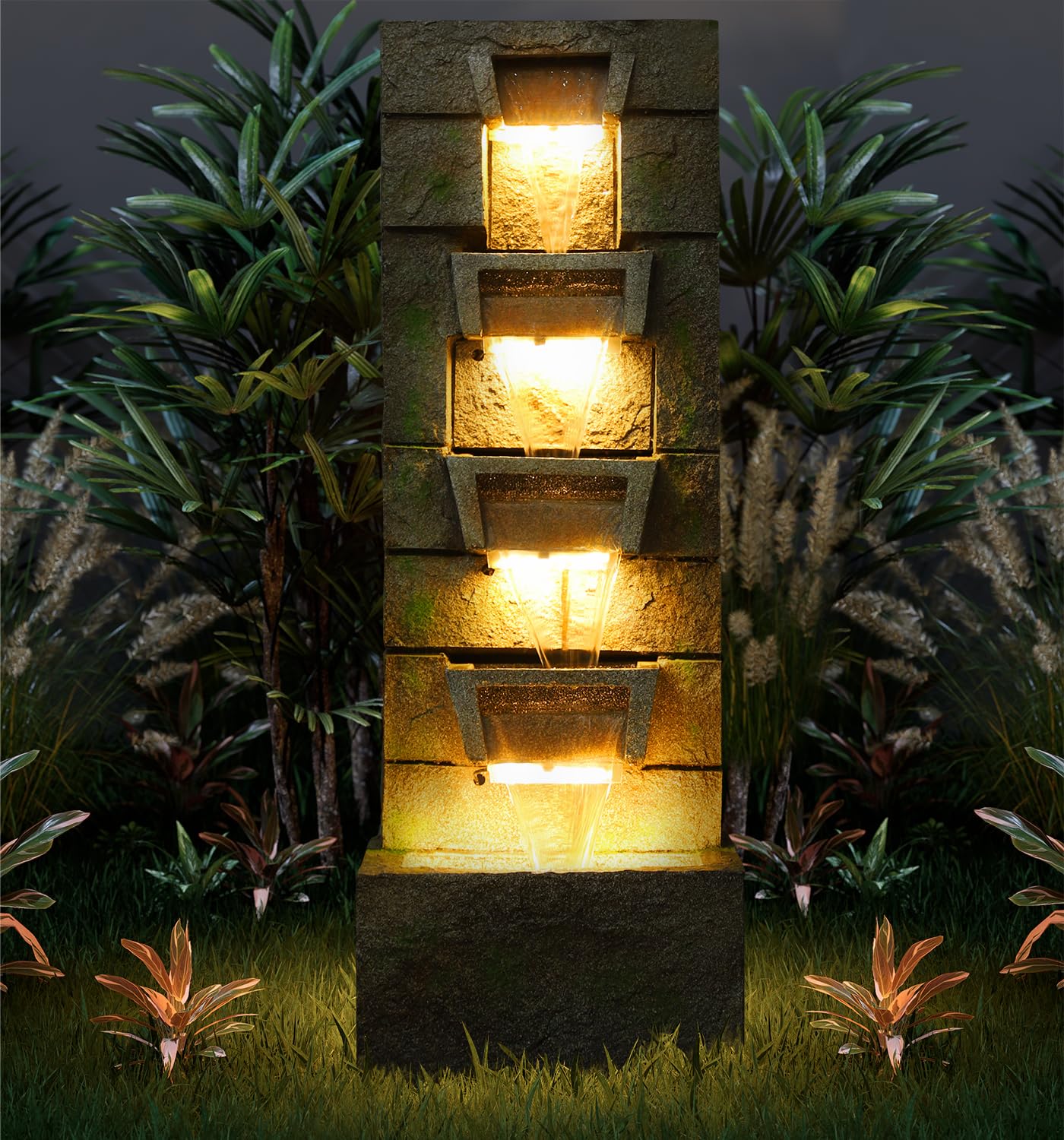 41.1" Outdoor Water Fountains Modern Fountain with LED Lights with Water Pump 4 Tier