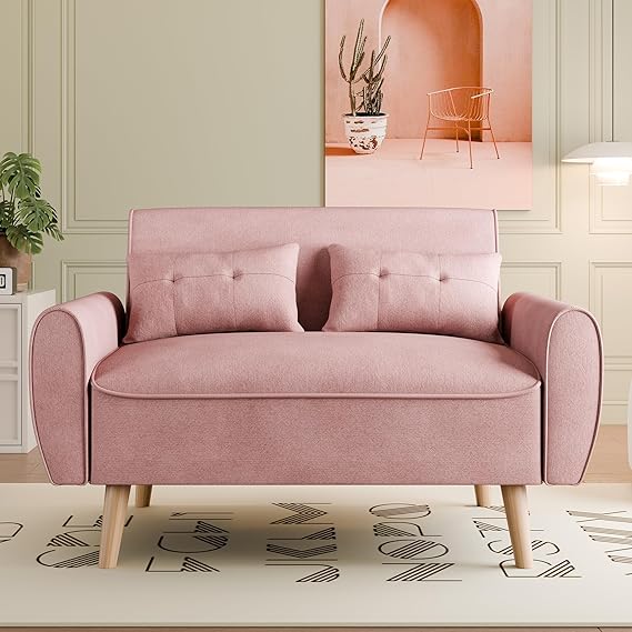 47" Small Modern Loveseat Sofa, Mid Century Linen Fabric 2-Seat Sofa