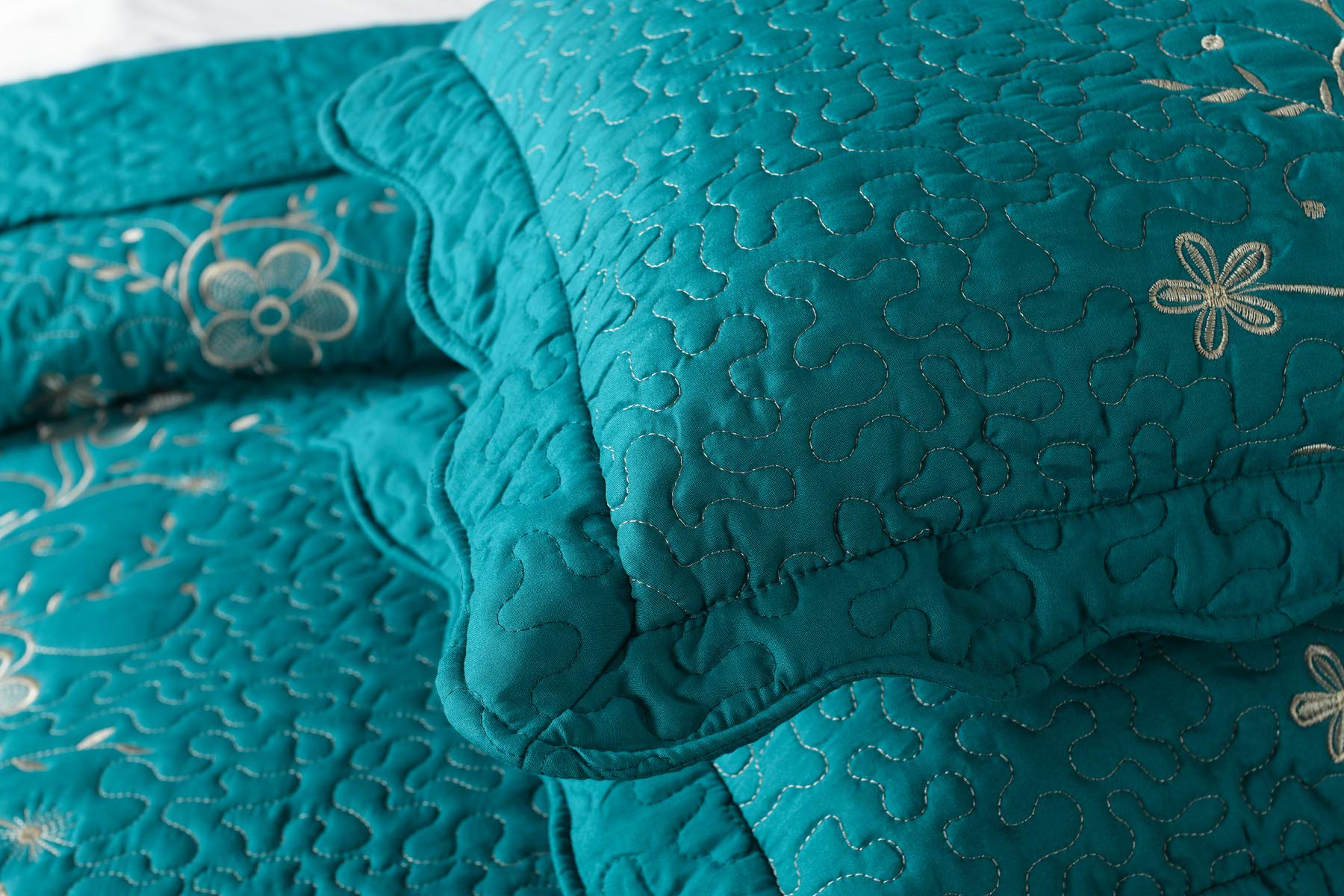 3 Piece Lightweight Bedspread Quilt Set Microfiber Quilt Embroidered Bedspreads Bed Coverlet Set, Lapaz (Teal, Queen)