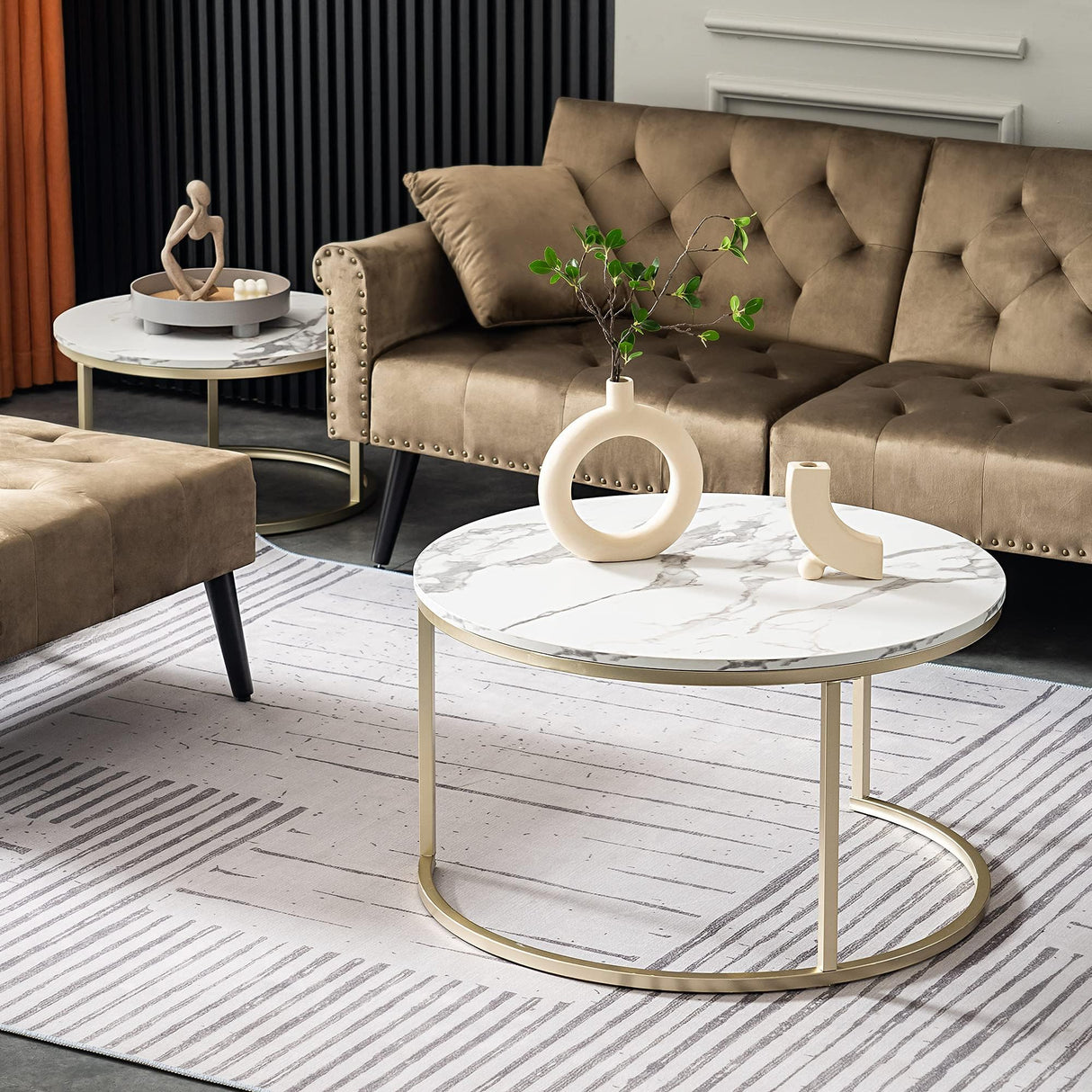 ivinta Modern Round Nesting Coffee Table Set, with 31.5 in White Faux Marble Top and Gold Metal Legs, Accent Wooden Stacking Side Tea Table for Living Room Eagle (White)