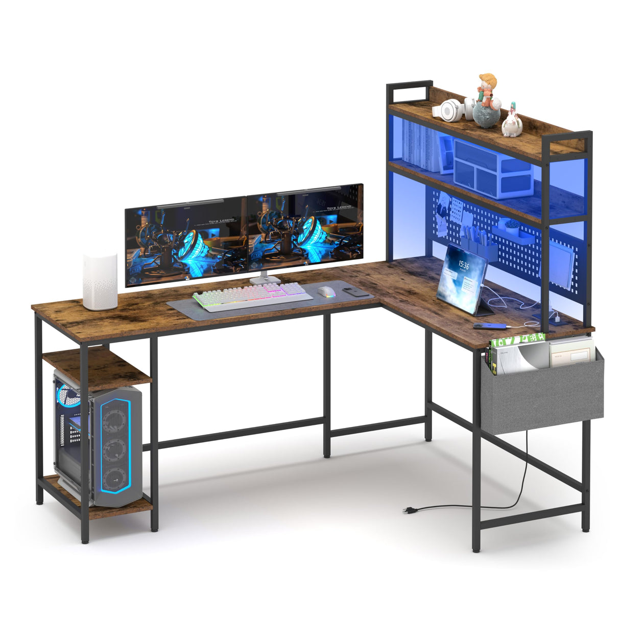 L Shaped Office Desk, Reversible Corner Computer Desk with Power Outlet and LED Light