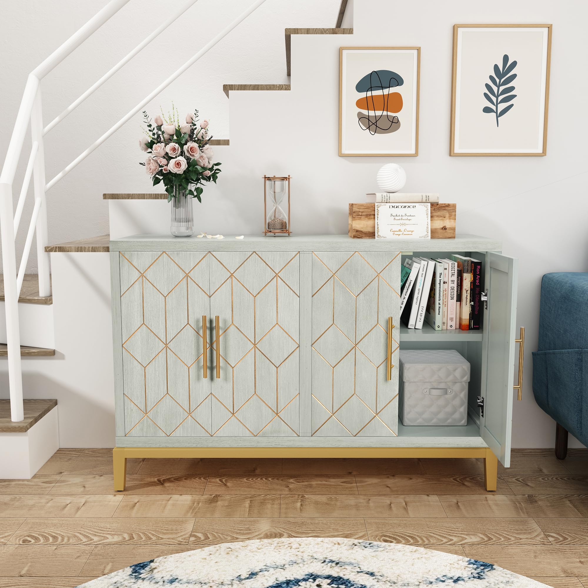 Accent Cabinet with 4 Doors, Modern Credenza Storage Cabinet