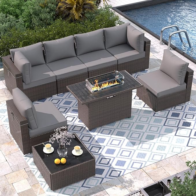 8 Piece Patio Furniture Set with 43" Fire Pit Table, Outdoor Sectional Sofa Set Heavy Duty