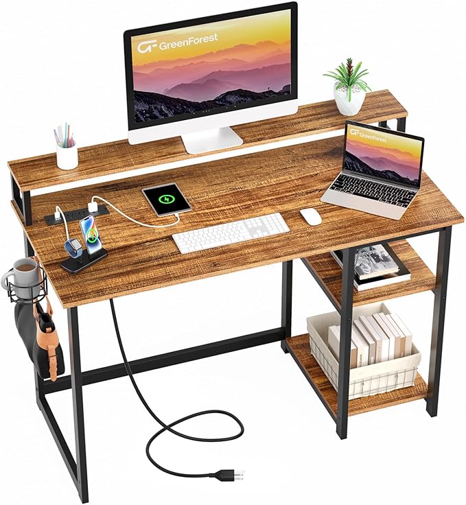 47 inch Gaming Desk with Power Outlets, Small Home Office Desk with Ergonomic Monitor Stand