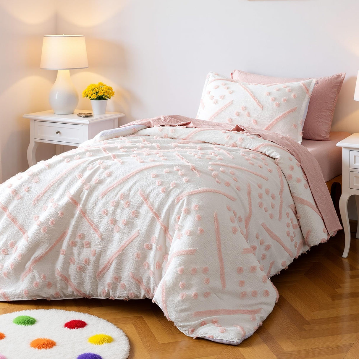 5-Piece Kids Bed-in-a-Bag Set - Jacquard Microfiber Comforter, Sheets & Pillowcases - Pink Tufted Twin