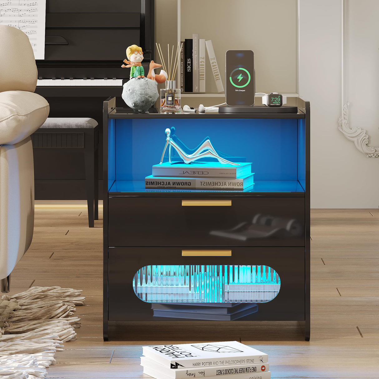 Nightstand with Charging Station, Modern Bedside Table with Jewelry Storage Drawers,