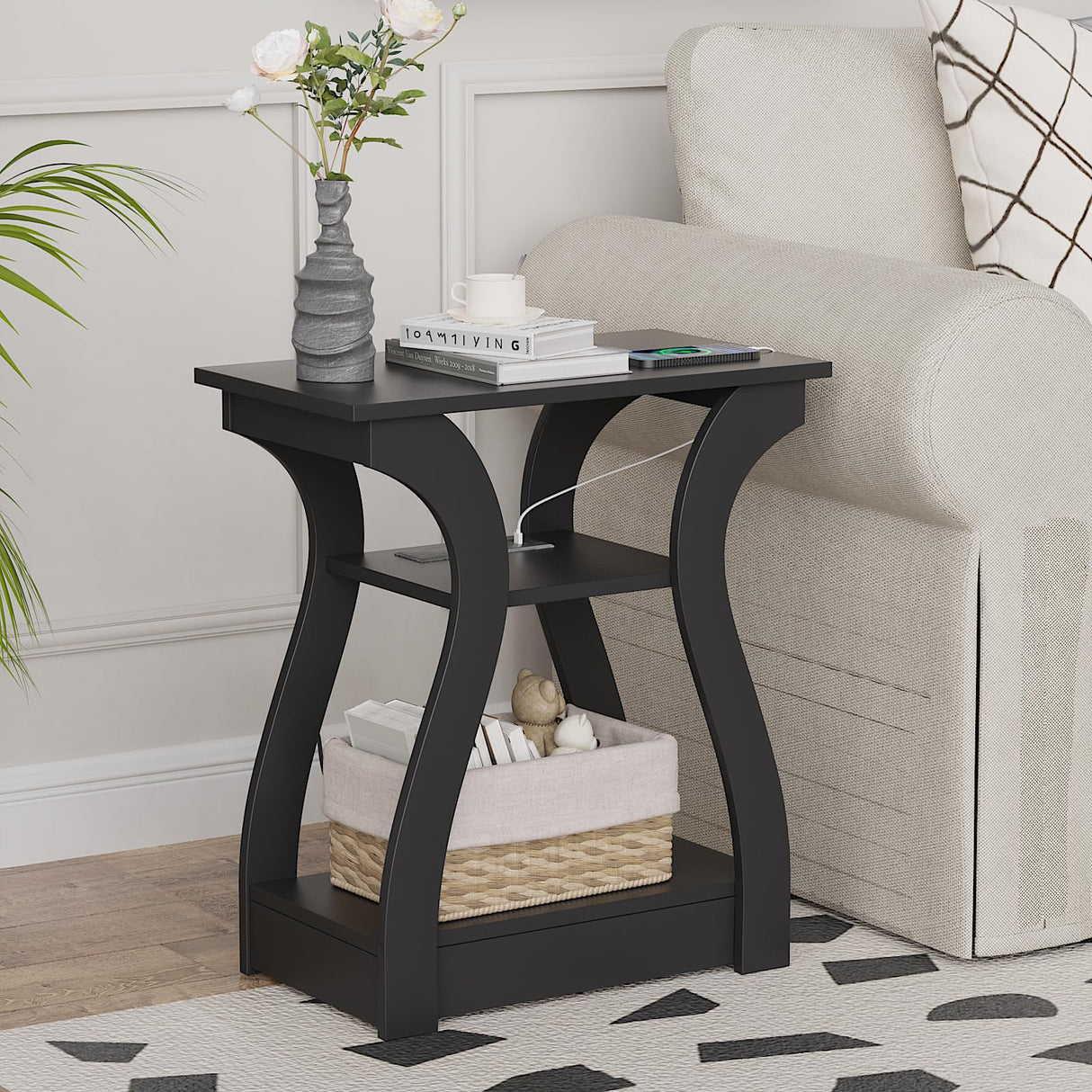End Table with Charging Station, Side Table with USB Ports and Outlets, 3 Tier Nightstand