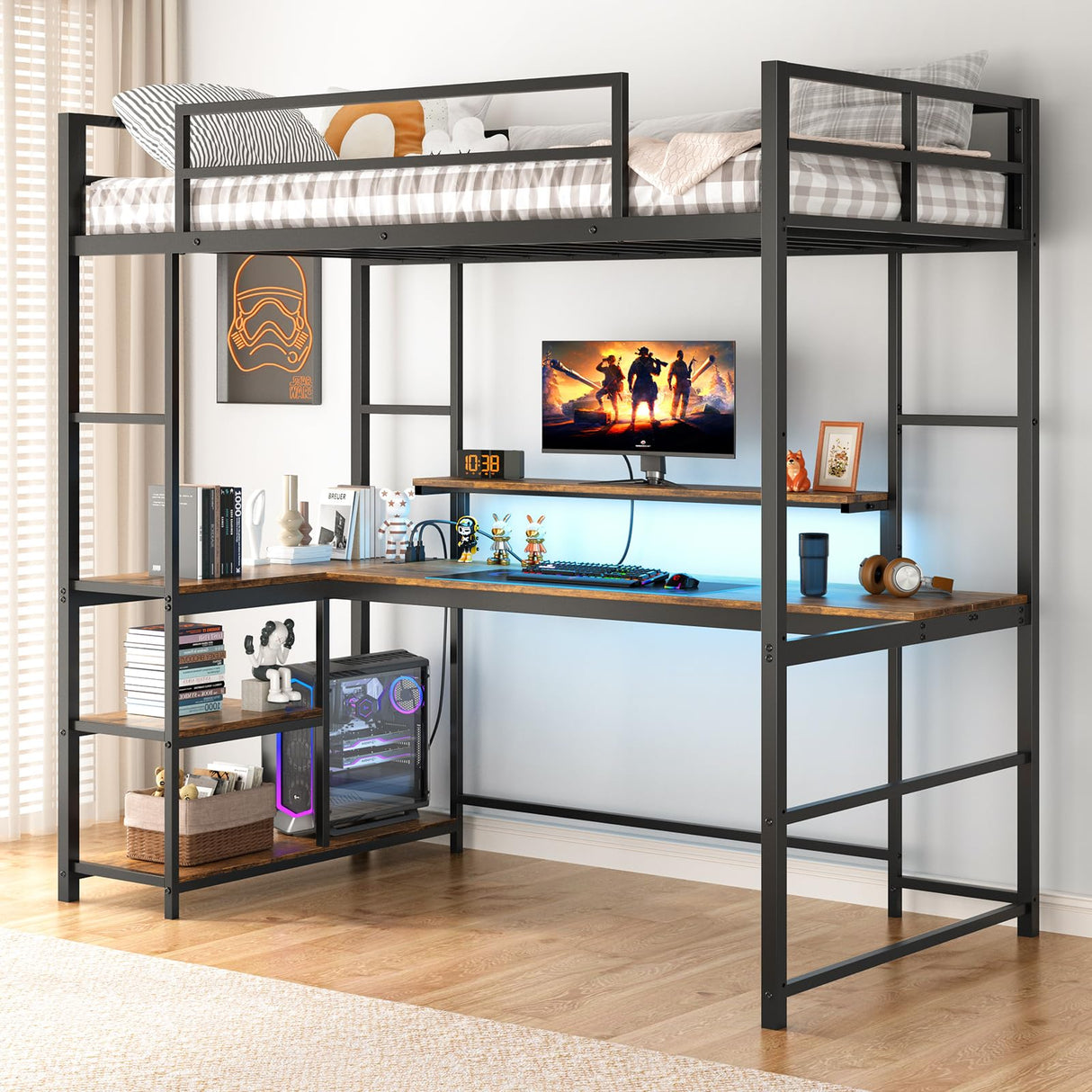 Twin Loft Bed with Large Desk and LED Lights, Metal Loft Bed with Ladder and Safety Guardrails for Adults, Teens, and Kids in Bedrooms, Apartments, and Dormitories