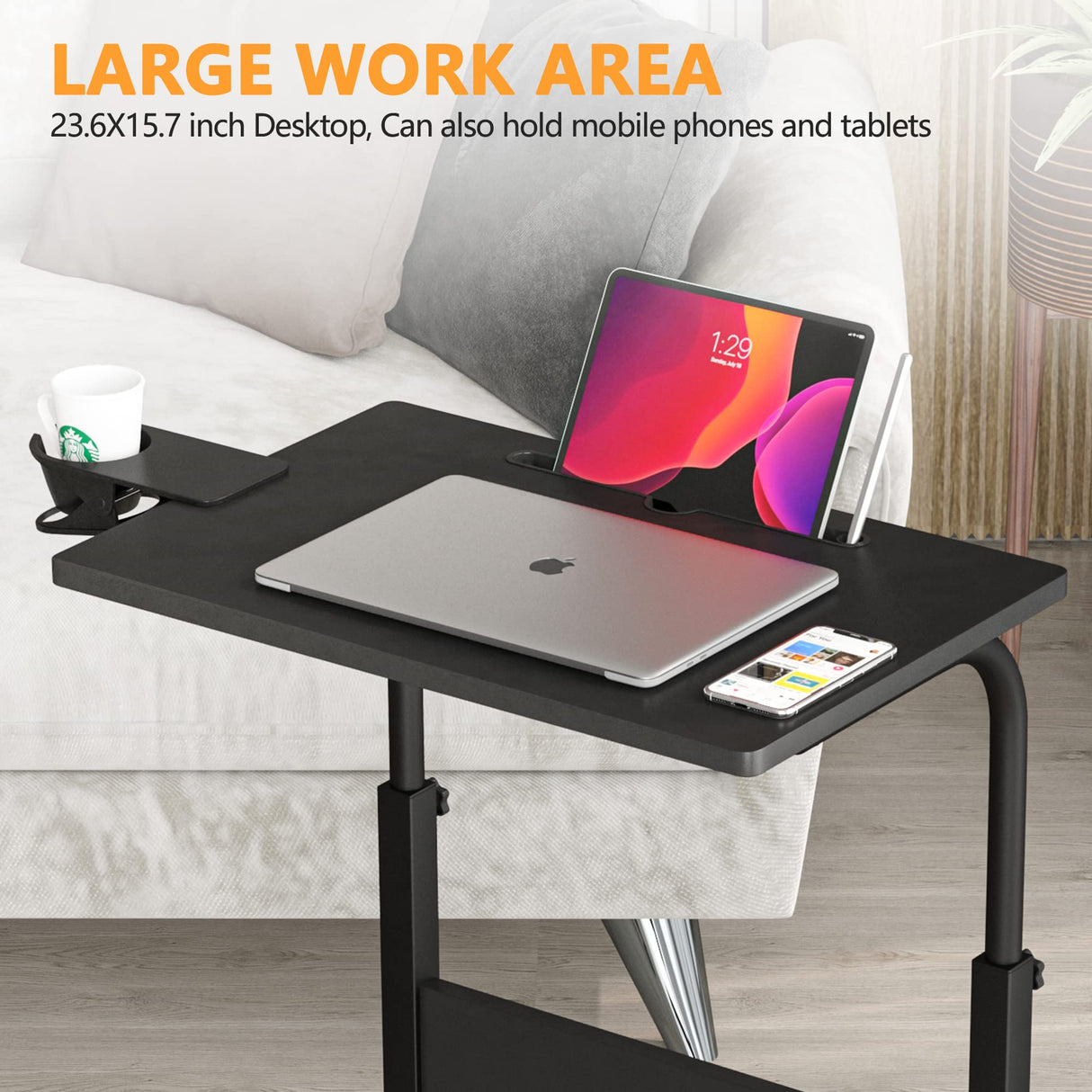 Standing Desk Adjustable Height, Stand Up Desk with Cup Holder, Portable Laptop Desk, Mobile, Small Computer Desk, Bedside Table, Black Rolling Desk, Work Desk for Home Office