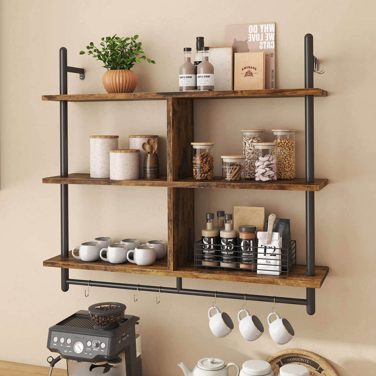 Floating Pipe Shelving Kitchen Shelves Wall Mounted 3 Tier Ladder Coffee Bar Shelf 3 Tier