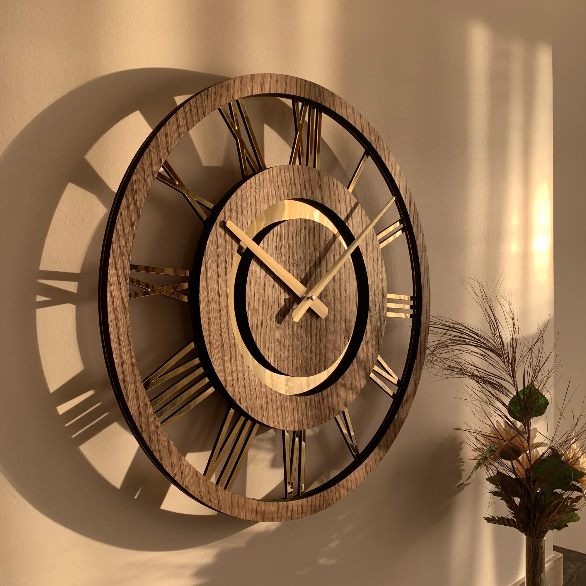 Modern Wall Clock with Gold Roman Numbers Battery Operated Silent Non Ticking