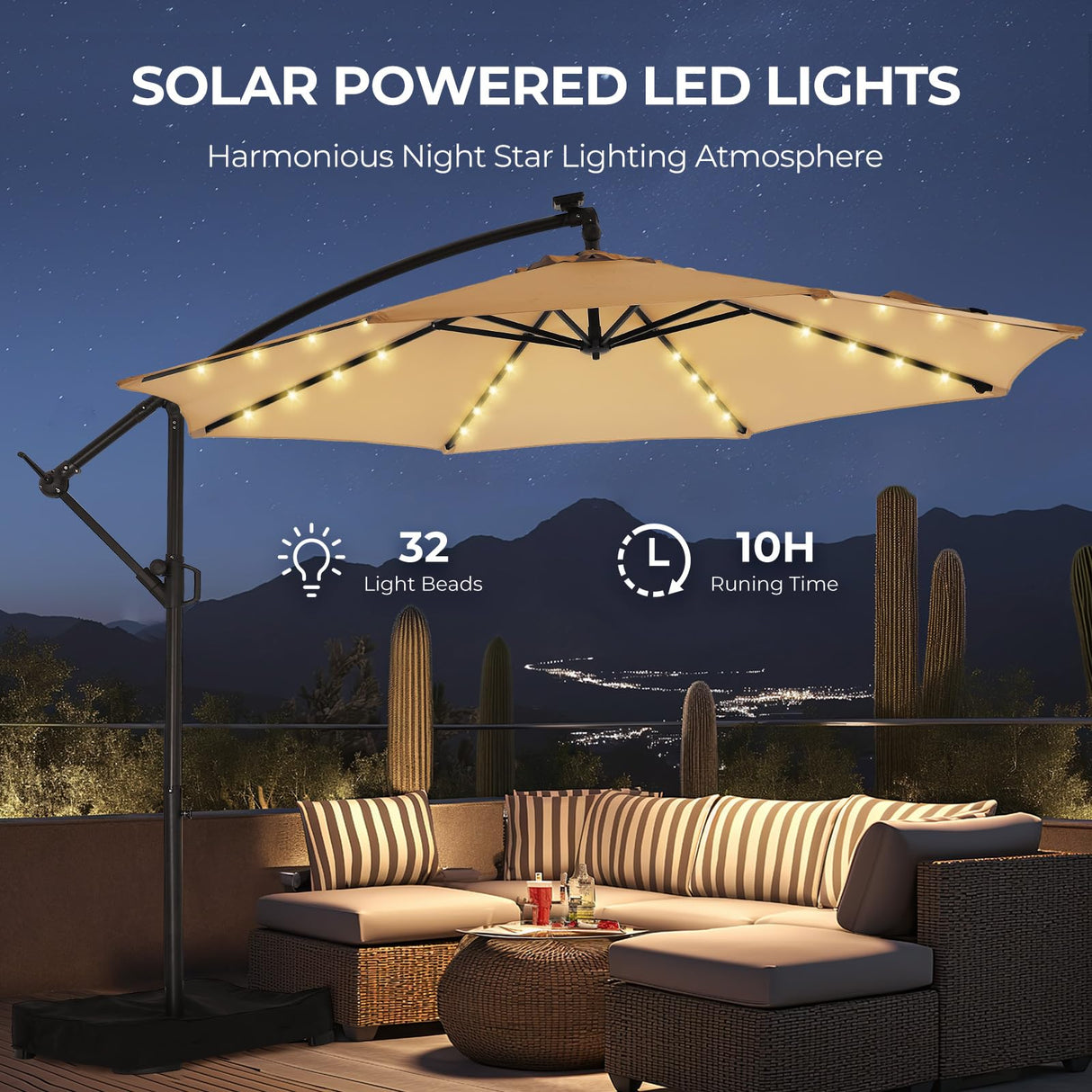 10ft Solar Lights Offset Cantilever Patio Umbrella - w/Light and Base