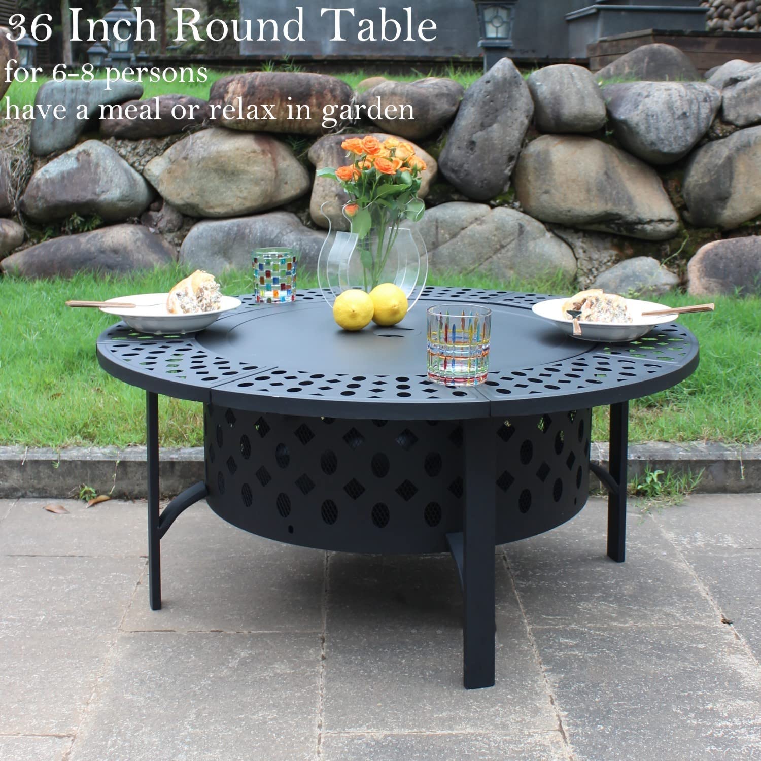 OutVue 36 Inch Fire Pit with 2 Grills, Wood Burning Fire Pits for Outside with Lid, Poker and Round Waterproof Cover, BBQ& Outdoor Firepit & Round Metal Table 3 in 1 for Patio, Picnic, Party - Bircata
