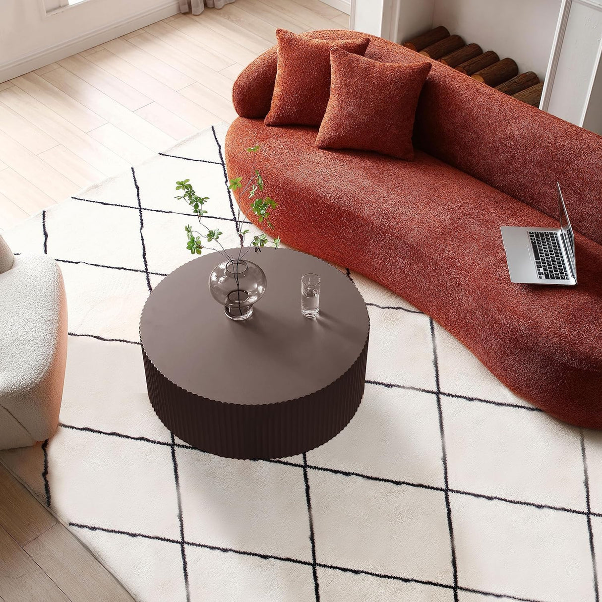 Large Round Coffee Table for Living Room Drum Coffee Table Modern Large Circle Coffee Table Fluted Coffee Table for Apartment Mall No Need Assembly (Matte Brown)