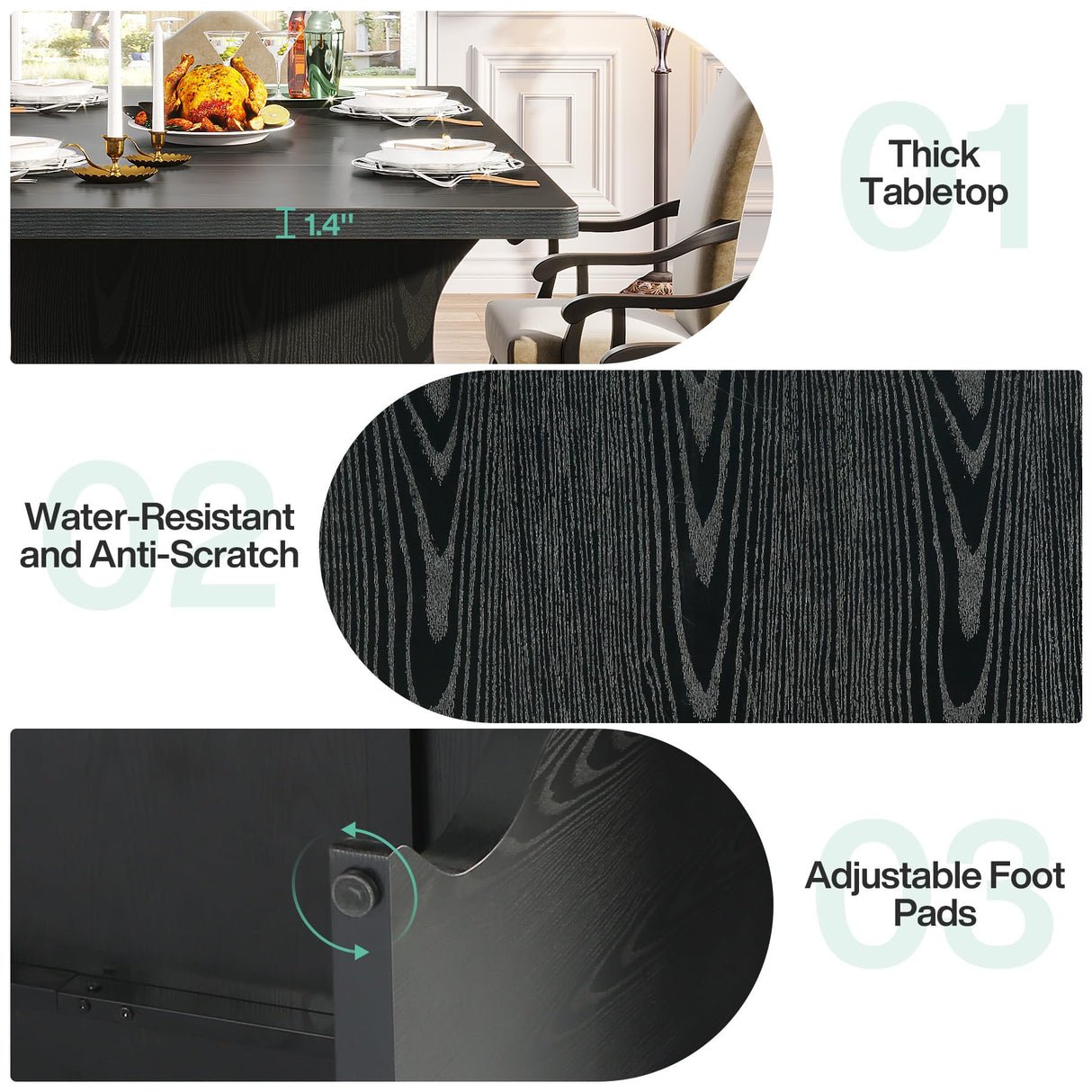 63-Inch Black Rectangular Dining Table for 4-6