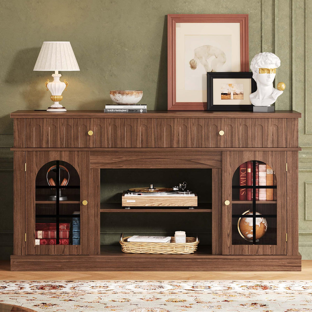 Mid-Century Modern TV Stand with Charging Station - 65 Inch Entertainment Center