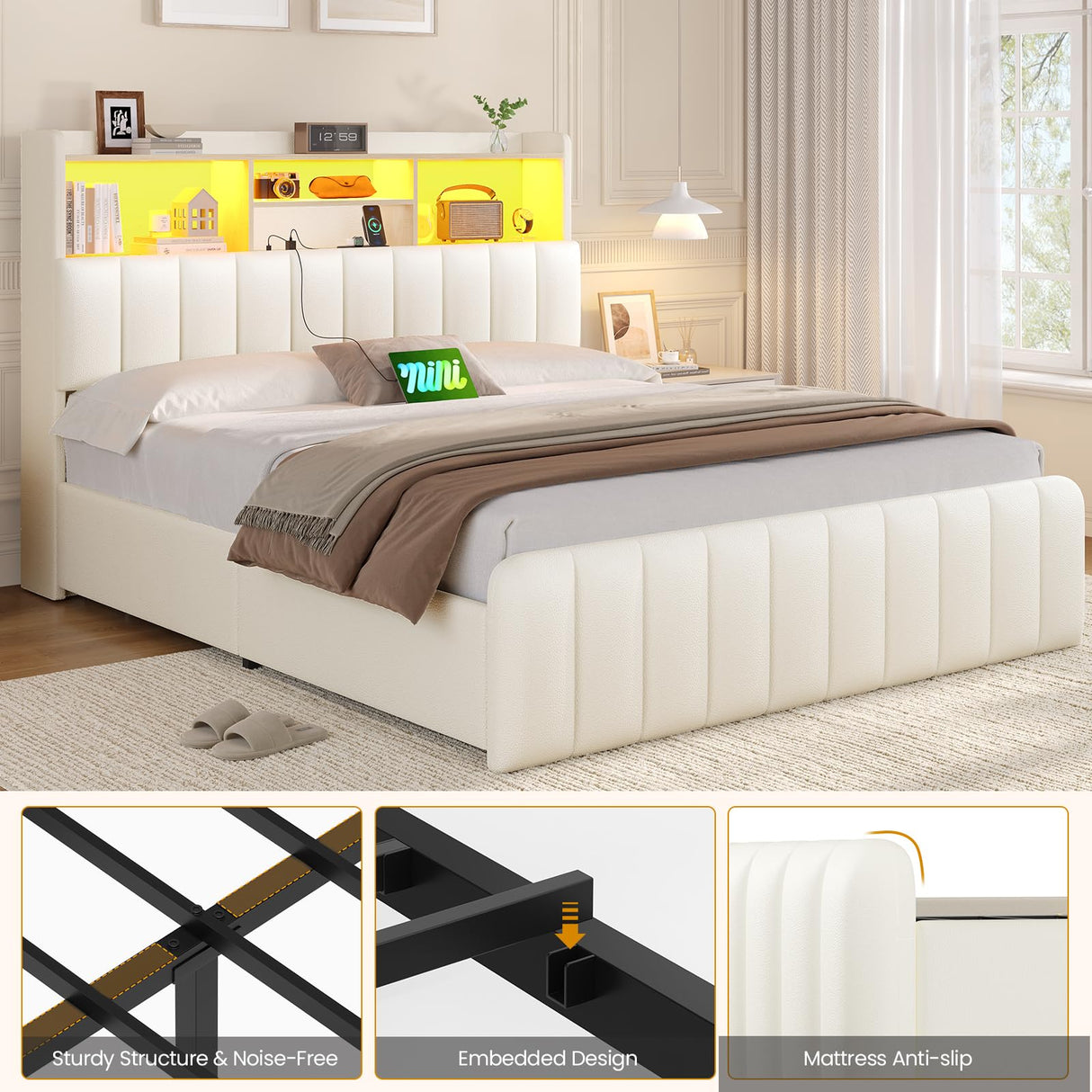 Full Size Bed Frame with Bookcase Headboard and Storage Drawers