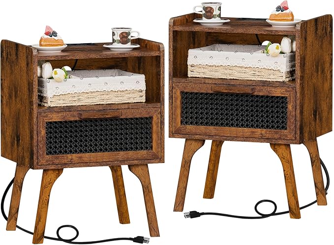 Rattan Nightstands Set of 2 with Charging Station