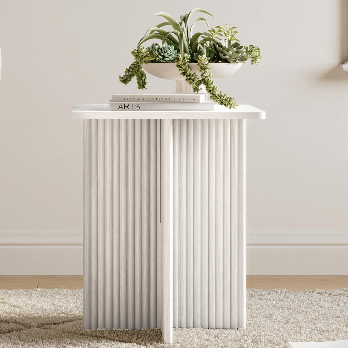 Fluted Accent Side Table - Pedestal Drink Desk - Modern Home, Bedroom