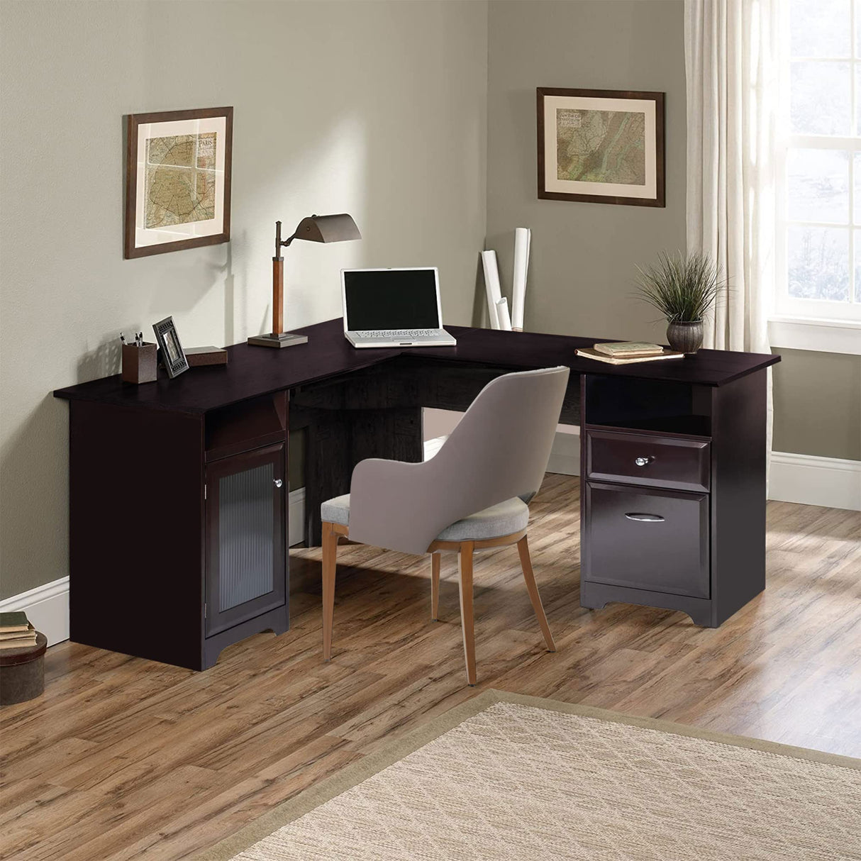 L-Shaped Desk, Home Office Corner Computer Desk with Storage Cabinet